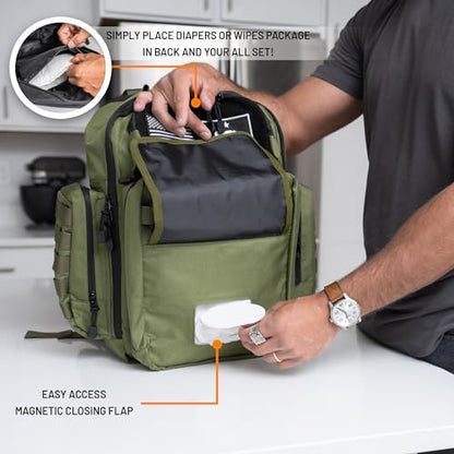 Green Dad Diaper Bag - Molle-Style Military Diaper Backpack Made of Rugged 900D Waterproof Polyester with Wider Extra-Long Straps, Dirty Diapers Pouch, Baby Wipes Dispenser & Insulated Bottle Pockets - color: Green