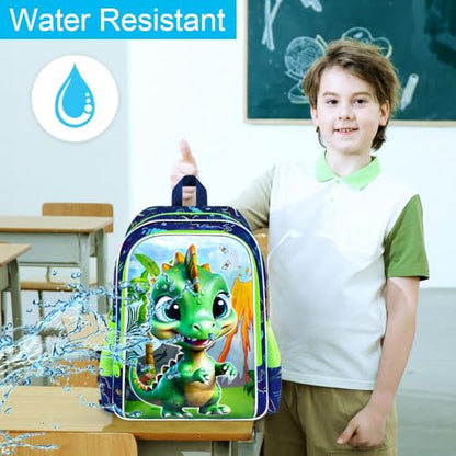3Pcs Dinosaur Backpack for Boys, 16" Bookbag with Lunch Box, Kids School Backpacks Set for Elementary Preschool Kindergarten (Green) - color: Dinosaur Green