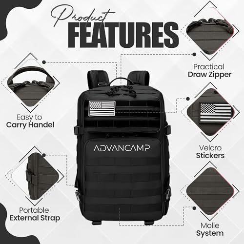 45L Military Tactical Backpack Large Day Pack for Men – MOLLE Rucking Assault Rucksack, Heavy-Duty Water-Resistant Bag for Hiking, Gym, Travel & Outdoor Adventures – Black - color: Black