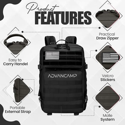 45L Military Tactical Backpack Large Day Pack for Men – MOLLE Rucking Assault Rucksack, Heavy-Duty Water-Resistant Bag for Hiking, Gym, Travel & Outdoor Adventures – Black - color: Black