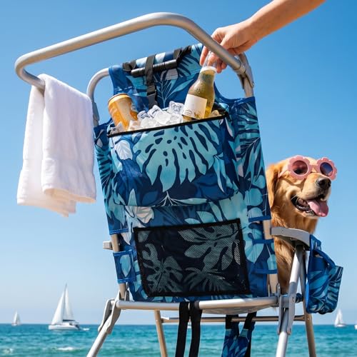 Palm Leaves Beach Chair Heavy Duty 330 lbs, 5-Position Lay Flat Folding Backpack Beach Chair with Cooler for Adults, Reclining Sand Chair for Beach Poolside Vacation(Blueleaves,1PK)