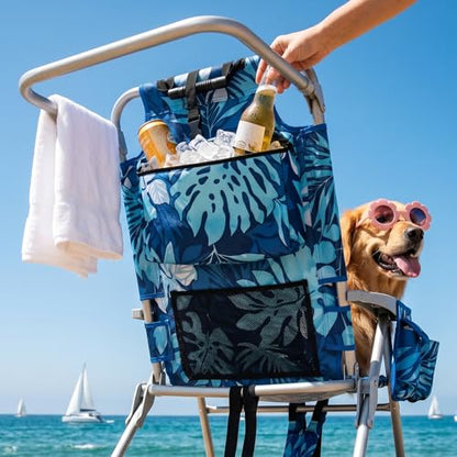 Palm Leaves Beach Chair Heavy Duty 330 lbs, 5-Position Lay Flat Folding Backpack Beach Chair with Cooler for Adults, Reclining Sand Chair for Beach Poolside Vacation(Blueleaves,1PK)