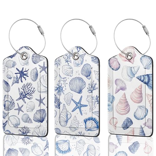 Blue Seashells Starfis Luggage Tags for Suitcases Durable Leather Luggage Tags Cute Travel Name Tags for Cruise Ships Travel Essentials 3 Pack - color: Blue Seashells Starfis