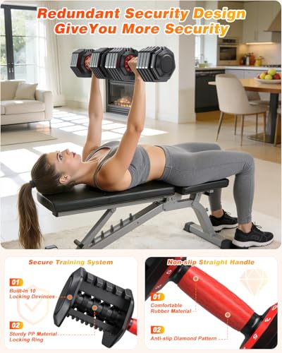 XDDIAS Adjustable Dumbbells Set of 2 for Strength Training, One-Hand Quick Adjust, 25/55/80/90 lbs Options, Anti-Slip Grip Handle, Compact Home Gym Weights for Men Women - color: Plus 10-Level 25LB Pair