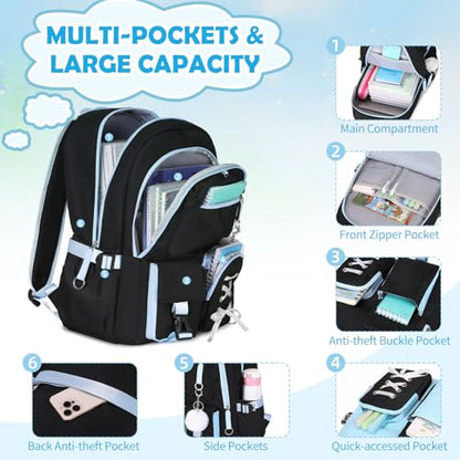 Backpacks for Girls, Girls Backpack with Lunch Box and Pencil Case for Teen Kids Elementary Middle High School College Student, Children Backpack Bookbag with USB Charging Port (Black Blue with Chain) - color: Black & Blue With Chain