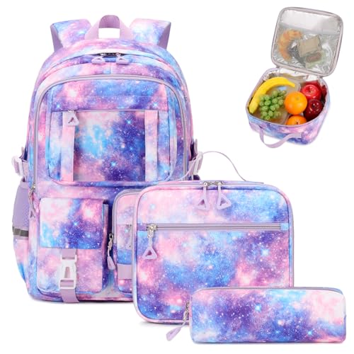 PIG PIG GIRL Backpack for Girls 3pcs Set Kids Backpack with Lunch Box Students Kawaii Book Bag for Elementary Primary Middle School Bags - Ita Backpack - Galaxy - color: Purple Galaxy