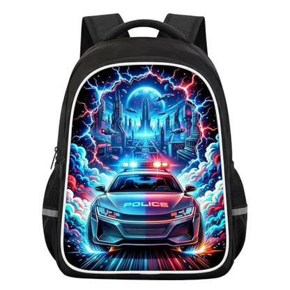 Police Car Kids Backpack, Future Starry Sky Spaceship with Lightning School Bag with Reflective Safety Design, Durable Bookbag for Boys Elementary School Daily Carry, 17 Inch - color: Police Car