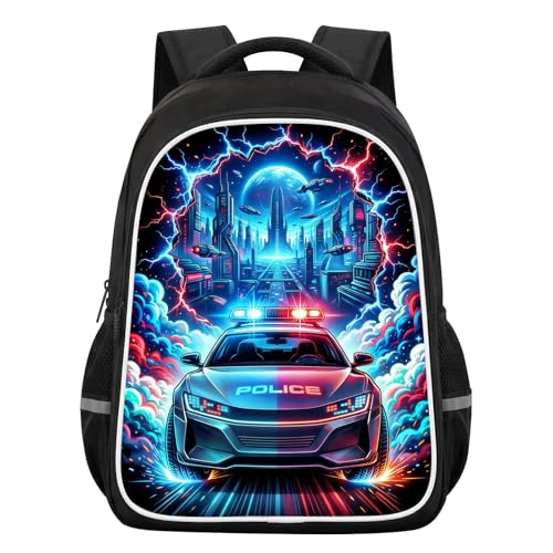 Police Car Kids Backpack, Future Starry Sky Spaceship with Lightning School Bag with Reflective Safety Design, Durable Bookbag for Boys Elementary School Daily Carry, 17 Inch - color: Police Car