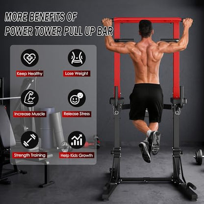SDHYL Foldable Power Tower Pull Up Bar Station, Multi-Function Adjustable Dip Station Exercise Equipment for Home Gym Workout, Strength Training Fitness Equipment, 330LBS