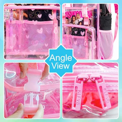 3PCS Pink Clear Backpack, Heavy Duty Transparent Bookbag for Girls Women, Stadium Approved See Through Backpack Set (Pink Love) - color: Pink Love