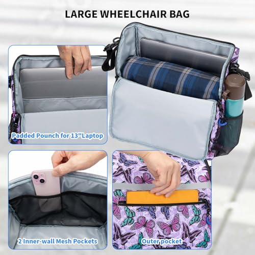 ZHCHG Wheelchair Bags, Wheelchair Backpack with Cup Holder, Wheelchair Bags to Hang on Back, Electric Wheel Chair Accessories, Large Storage Bag for Walker Rollator Purple Butterfly - style: Purple Butterfly