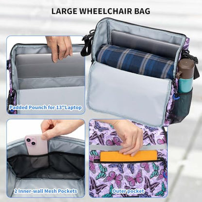 ZHCHG Wheelchair Bags, Wheelchair Backpack with Cup Holder, Wheelchair Bags to Hang on Back, Electric Wheel Chair Accessories, Large Storage Bag for Walker Rollator Purple Butterfly - style: Purple Butterfly