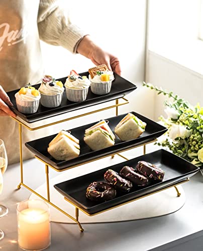 LYEOBOH 3 Tier Serving Tray Set, Tiered Serving Stand with Platters, Serving Dishes for Entertaining Halloween Christmas Party, Collapsible Sturdier Stand & 14 Inch Large Platters for Food Display - color: Black, style: 14inch Rectangle platter