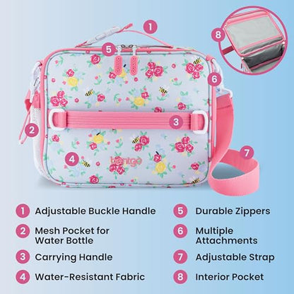 Bentgo Kids Prints Lunch Bag - Double-Insulated, Reusable, for Kids 3+, Adjustable Strap; Holds Lunch Box/Water Bottle/Snacks; Easy-Clean, Water-Resistant, Pockets (NEW Blooming Floral) - color: Blooming Floral