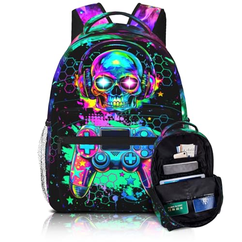 Backpack For Kids Gaming School Backpack For Boys Graffiti Video Game Bookbag For Kids Children Teens Elementary Middle School Ages 6-18 Back Pack - color: Game Skull