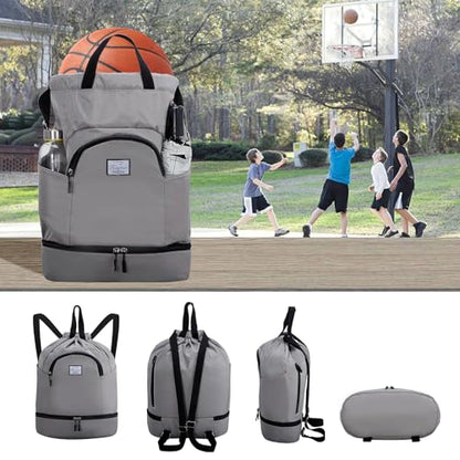 Kamo Drawstring Backpack Bag - Sport Swimming Yoga Backpack with Shoe Compartment, Two Water Bottle Holder for Men Women Large String Backpack Athletic Sackpack for Travel - color: Light Grey