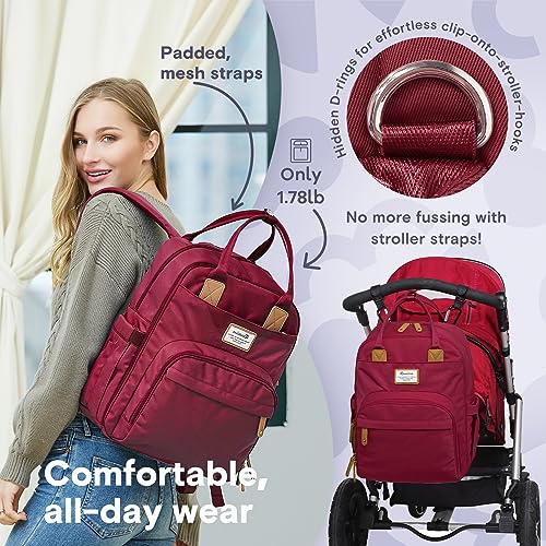 RUVALINO Diaper Bag Backpack, Multifunction Travel Pack Maternity Baby Changing Bags, Large Capacity, Waterproof, Purplish Red - color: Purplish Red