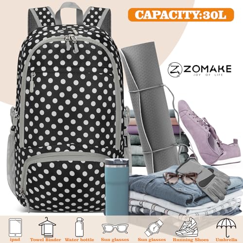 ZOMAKE Lightweight Packable Backpack 30L, Foldable Hiking Backpacks Water Resistant Compact Folding Daypack for Travel(Black，White polka dots) - color: Black，white Polka Dots