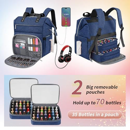 LTINVECK Nail Polish Organizer Case Backpack Holds 70 Bottles (15ml/0.5fl.oz)& Nail Lamp, 2 Layers Detachable Nail Kit Storage Case, Large Travel Nail Supplies Shoulder Bag for Manicure Tools (Blue) - color: Blue