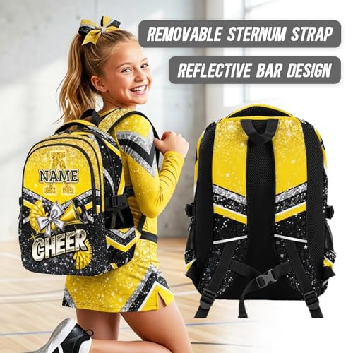 Personalized Cheers Backpacks for Girls 3-8, 17 Inch Large Capacity Cheerleader Initial Bookbag for Elementary Middle School Travel - color: Yellow