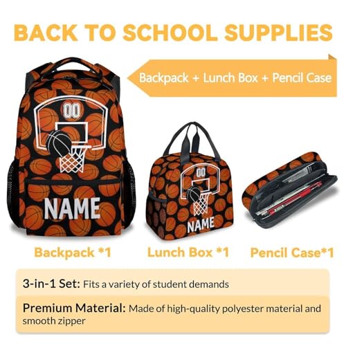 Mercuryelf Custom Basketball Backpack with Lunch Box And Pencil Case, Personalized Elementary Kindergarten School Preschool Bookbag for Boys Girls Kids, Set of 3 - color: Basketball-3-3