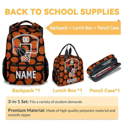Mercuryelf Custom Basketball Backpack with Lunch Box And Pencil Case, Personalized Elementary Kindergarten School Preschool Bookbag for Boys Girls Kids, Set of 3 - color: Basketball-3-3