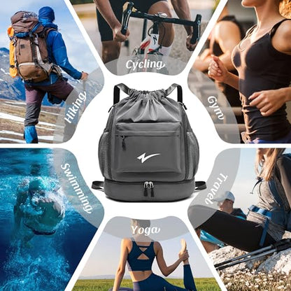 Sport Drawstring Backpack, Gym Bag with Mesh Side Pockets and Separate Shoe Compartment, Water-Resistant (Grey) - color: Grey