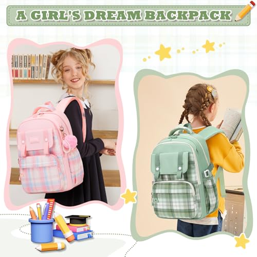 MUSEVOS Girls Backpack, Elementary Middle School Backpack, Large Capacity Kids Bookbag - color: Green/Gold Thread
