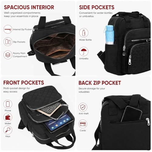 Small Backpack for Women Casual Quilted Square Bag Waterproof Multi Pockets Daypack Lightweight Top Handle Satchel - color: Black
