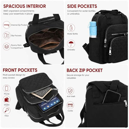 Small Backpack for Women Casual Quilted Square Bag Waterproof Multi Pockets Daypack Lightweight Top Handle Satchel - color: Black