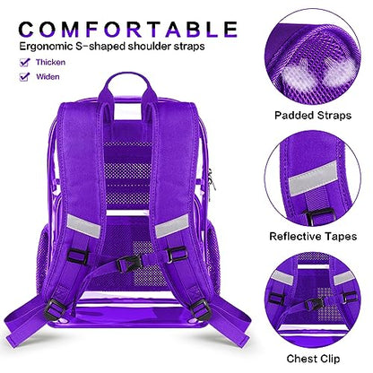 Clear Backpack Heavy Duty Large Transparent Backpack with Reinforced Bottom for College, Travel, Workplace Security - Purple - color: Purple