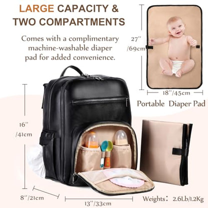 VASCHY Diaper Bag Backpack for Mum Dad, Unisex Large Waterproof Vegan Leather Baby Bag with Changing Pad,Insulated Pockets,Padded Laptop Sleeve for Travel,Black - color: Black