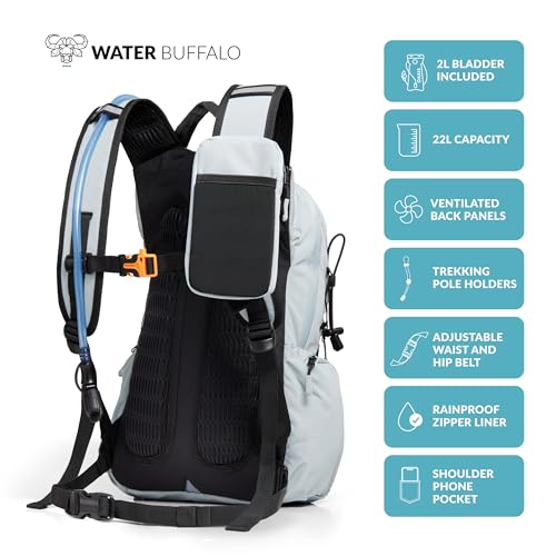 Water Buffalo Hydration Backpack - Sherpa 22L Hiking Backpack with Water Bladder - Water Backpack for Hiking with Waterproof Zippers, Phone & Pole Holders - color: Flint