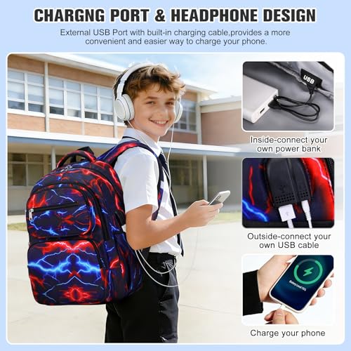 Bevalsa Backpack for Boys, Lightning School Bags with Lunch Bag & Pen Case for Kids, Bookbag for Boys Teens Elementary Middle High School - color: Red Blue