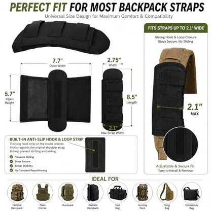 1 Pair Tactical Backpack Shoulder Pads, Thick Shoulder Cushion for Heavy Backpacks Plate Carrier & Rucksack, Fits Straps Up to 2.5", Breathable 3D Mesh, Hook & Loop Fastener, Rucking Hiking & Military - color: Black