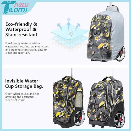 NEW TILAMI 19 inch Rolling Backpack Teens Rolling Backpack Cute Wheeled Laptop Backpack Bookbag Roller Travel Bag College, Yellow Doodle - color: Yellow Doodle