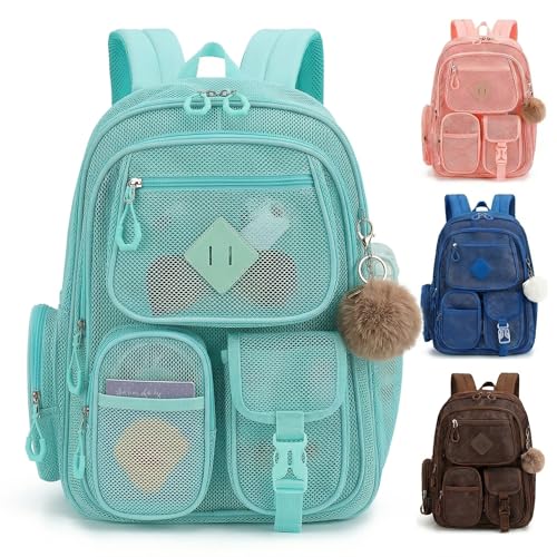 Mesh Backpack Heavy Duty, Semi-Transparent Bag for Women Girls Boys Adults, Large Capacity Bookbag with Padded Straps for School Beach Swimming Sports Travel Work-Green - color: Green