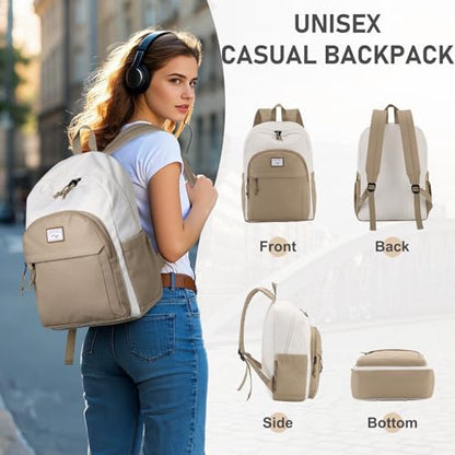 Kasqo School Backpack,Water Resistant Middle High School Bookbag for Teens Girls Boys School Bag Casual Women Men Daypack for Travel College White Khaki - color: White Khaki
