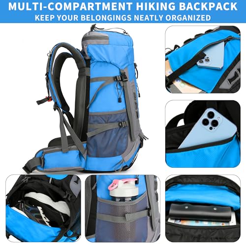 75L Hiking Backpack with Rain Cover Waterproof Camping Backpack Shoes Warehouse for Men Women, Frameless - color: Blue, size: 60L