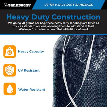 Sandbaggy Heavy Duty Black Sandbags – 14x26 in Empty Poly Bags w/ 4000 HR UV Protection – Ultra-Tough Sand Bags for Flooding, Construction & Barriers – Military Grade (5)