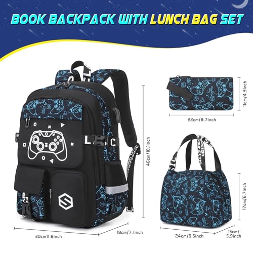 Scothen Boys Backpack, Cool Luminous School Backpacks for Boys with Lunch Bag Pencil Case, Kids Backpack Kindergarten Elementary Middle School Book Bags for Teen Boy Children with USB Charging Port - color: Blue Pattern