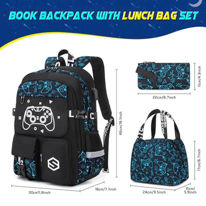Scothen Boys Backpack, Cool Luminous School Backpacks for Boys with Lunch Bag Pencil Case, Kids Backpack Kindergarten Elementary Middle School Book Bags for Teen Boy Children with USB Charging Port - color: Blue Pattern