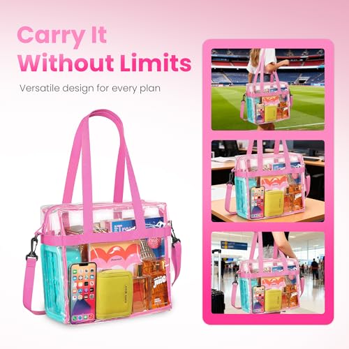 Handy Laundry Clear Bag 12x6x12 Stadium Approved - Transparent Tote Zippered Top & Shoulder Straps for Work, Sports, Concerts - color: Pink
