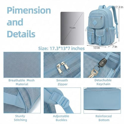 Mesh Backpack for Girls Boys, Women Mesh Bookbags Heavy Duty Semi-Transparent School Bag Net Back Pack for Travel, Beach, Swimming, Work - Baby Blue - color: Baby Blue