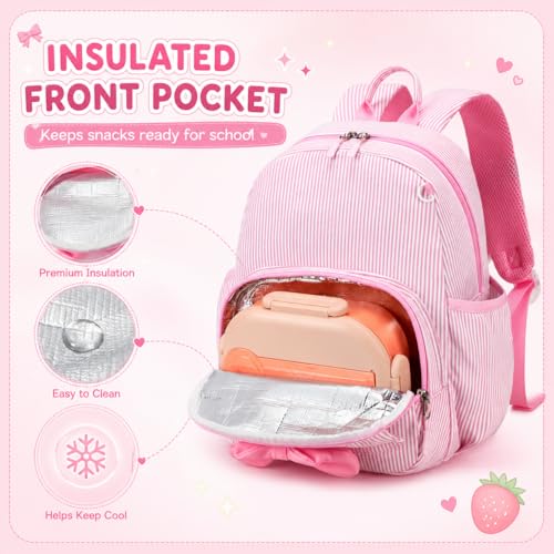 BTOOP Kids Backpack for Boys Girls 3-6, Preschool Kindergarten Backpack with Insulated Lunch Compartment & Chest Strap (Pink Stripes-M, Age 3-6 (14.5" H Fit Folder)) - color: Pink Stripes-m, size: Age 3-6 (14.5" H Fit Folder)