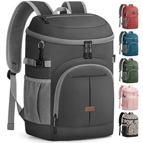 Pritent Cooler Backpack for Men Women Insulated Waterproof Backpack Cooler Leak Proof Cooler Bag Lightweight Lunch Backpack for Camping Beach Travel Picnic - color: Leather Dark Gray, size: 30 Cans