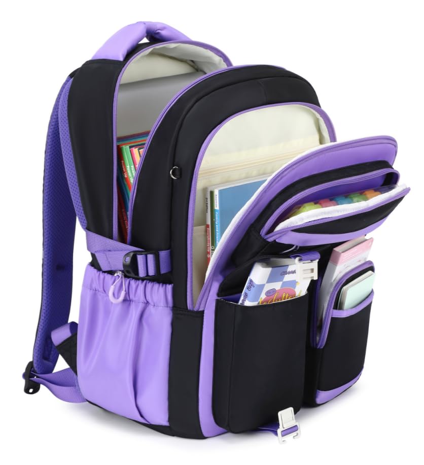 MUSEVOS Kids Teenage Girls Backpack, Elementary/Middle/High Schoolbag, Multi-Compartment Water-resistant Cute Bookbag, 17inch - color: Black-purple