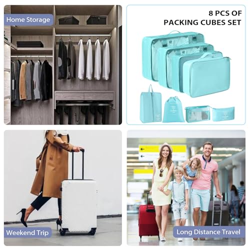 8 Set Packing Cubes for Suitcases, INVODA Travel Luggage Packing Organizers with Laundry Bag, Compression Storage Shoe Bag, Clothing Underwear Bag (Blue)