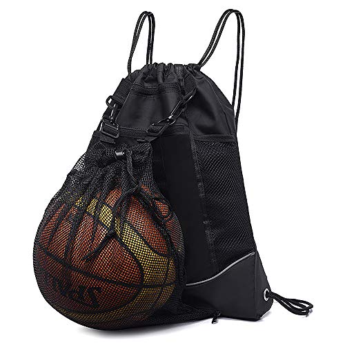 STAY GENT Drawstring Basketball Backpack for Boys, Foldable Soccer Backpack Gym Bag Sackpack Sports Sack with Detachable Ball Mesh Bag for Volleyball Baseball Yoga - color: Black