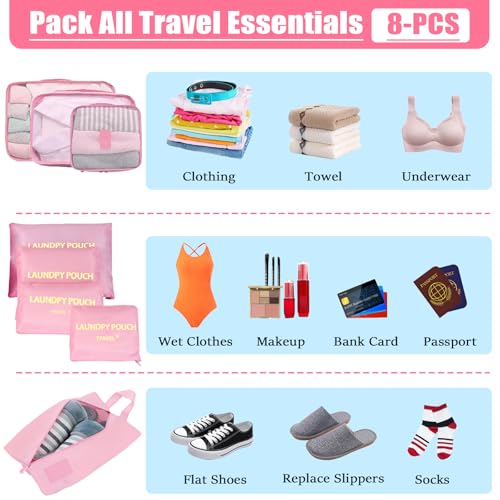 8 Set Packing Cubes for Travel Luggage Packing Bags Reusable Waterproof Suitcase Organizer Cubes Set with Shoe Bag and Toiletry Bag (Pink) - color: Pink